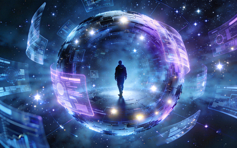 全景沉浸VR直播大厅概念图 - 展示一个用户置身于充满未来科技感的球形虚拟空间，周围漂浮着信息界面与星辰