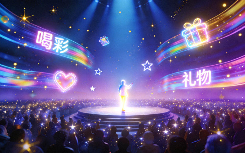 星光舞台用户才艺表演概念图 - 一个虚拟舞台，中央有发光的表演者，台下是无数闪烁的星光代表观众，空中漂浮着喝彩的弹幕与礼物